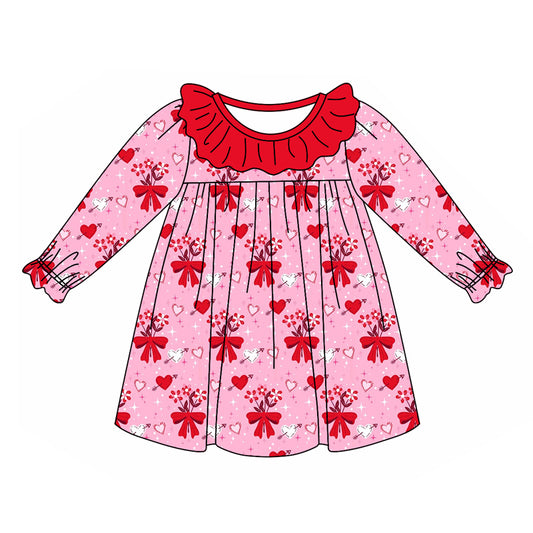 (Custom Design Preorder MOQ 5)  Flowers Heart Print Girls Valentine's Day Knee Length Dress