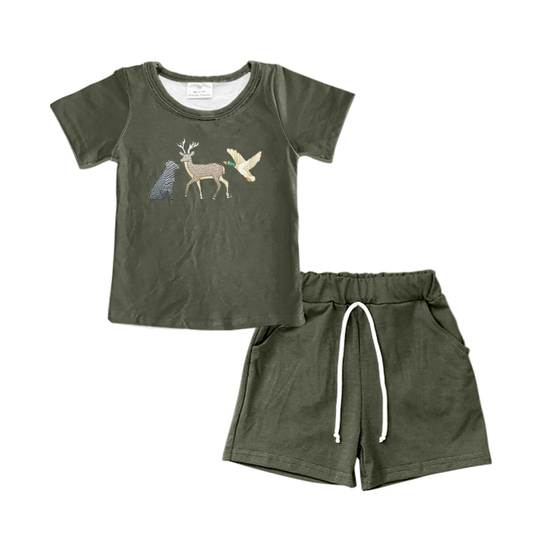 (Custom Design Preorder MOQ 5)  Dog Deer Duck Top Dark Green Shorts Boys Clothes Set