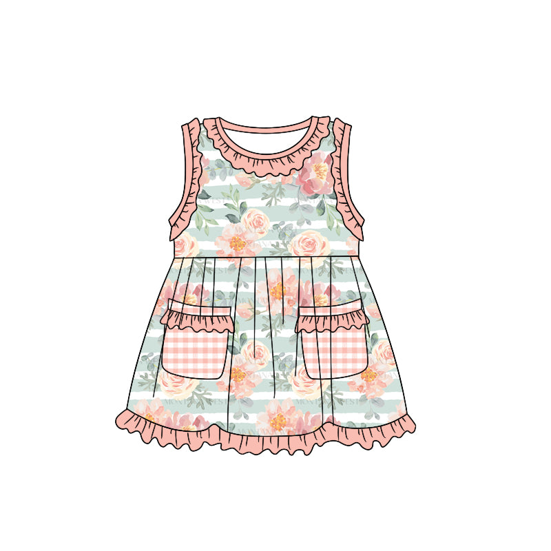(Custom Design Preorder MOQ 5) Pink Flowers Print Pockets Girls Knee Length Summer Dress
