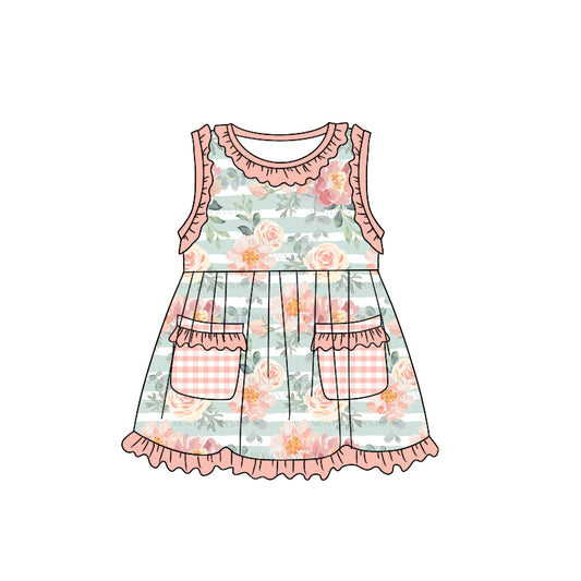 (Custom Design Preorder MOQ 5) Pink Flowers Print Pockets Girls Knee Length Summer Dress