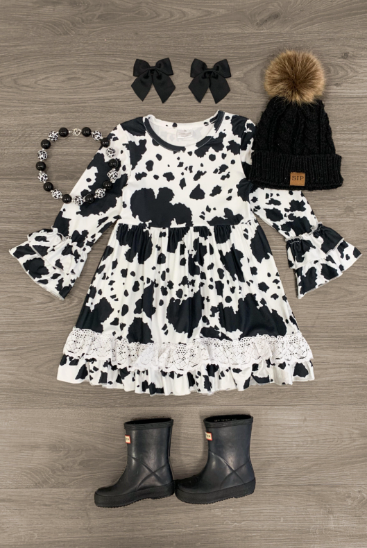 (Custom Design MOQ 5)  Black Cow Print Ruffle Knee Length Dress