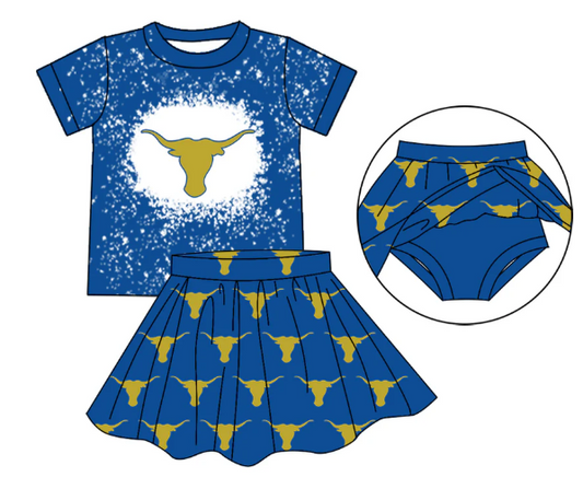 (Custom Design Preorder MOQ 5 ) Team's Cow Blue Print Skirts Shorts Girls Summer Clothes Set