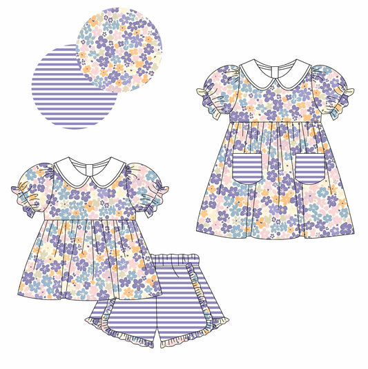 11.16(Custom Design Preorder MOQ 5 Each Design) Purple Flowers Print Girls Summer Matching Clothes Sisters Wear
