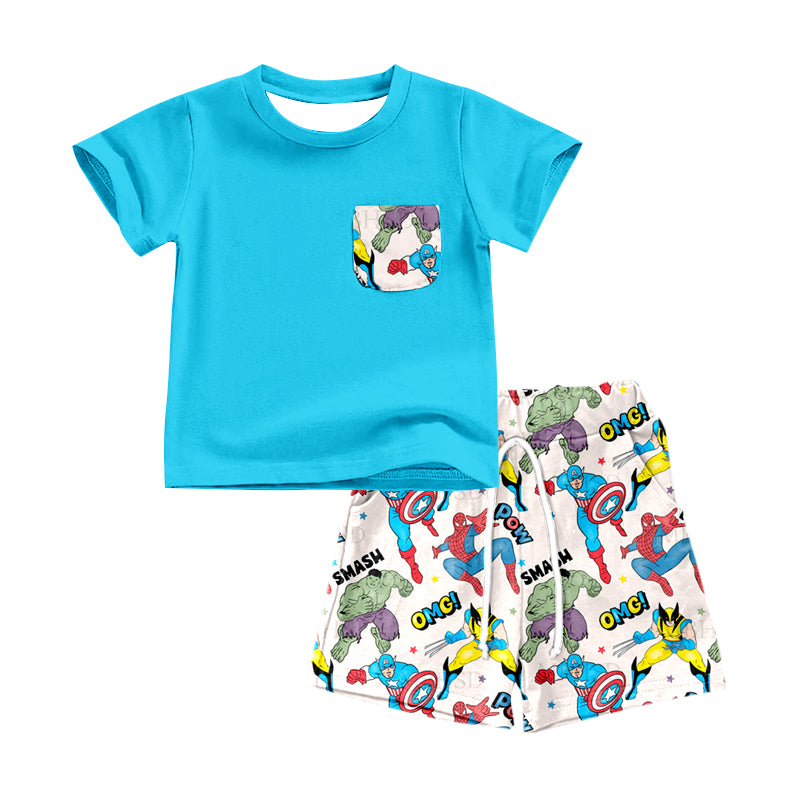 (Custom Design Preorder MOQ 5) Blue Pocket Top Hero Shorts Boys Summer Clothes Set
