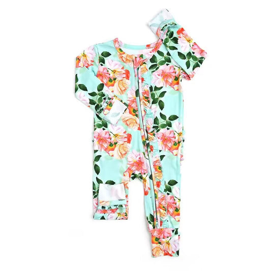 (Custom Design Preorder MOQ 5) Flowers Print Baby Girls Fall Sleeper Zipper Romper