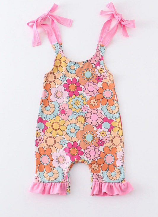 (Custom Design MOQ 5) Pink Flowers Baby Girls Summer Romper