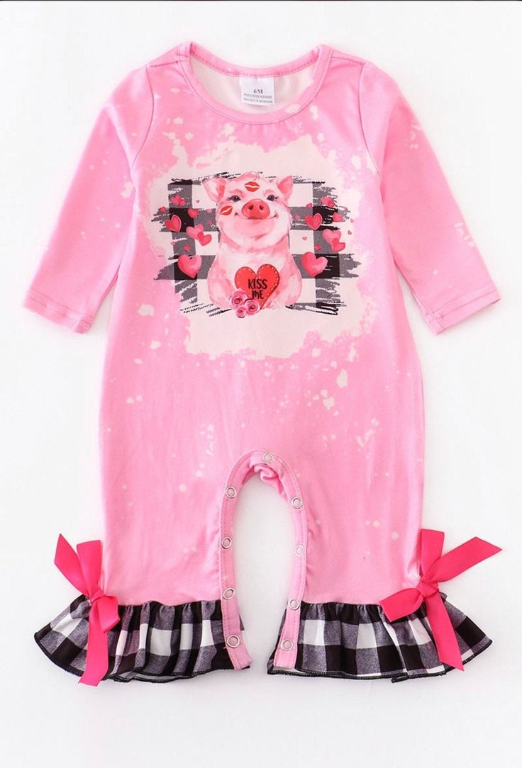 (Custom Design MOQ 5) Kidss Me Heart Cute Pig Baby Girls Valentine's Ruffles Romper