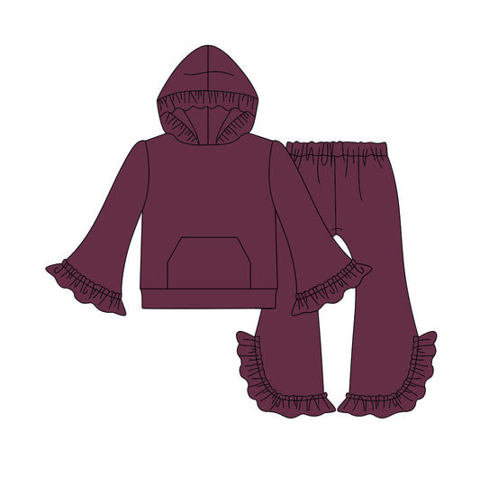 (Custom Design Preorder MOQ 5)  Wine Color Girls Hoodie Ruffles Fall Clothes Set