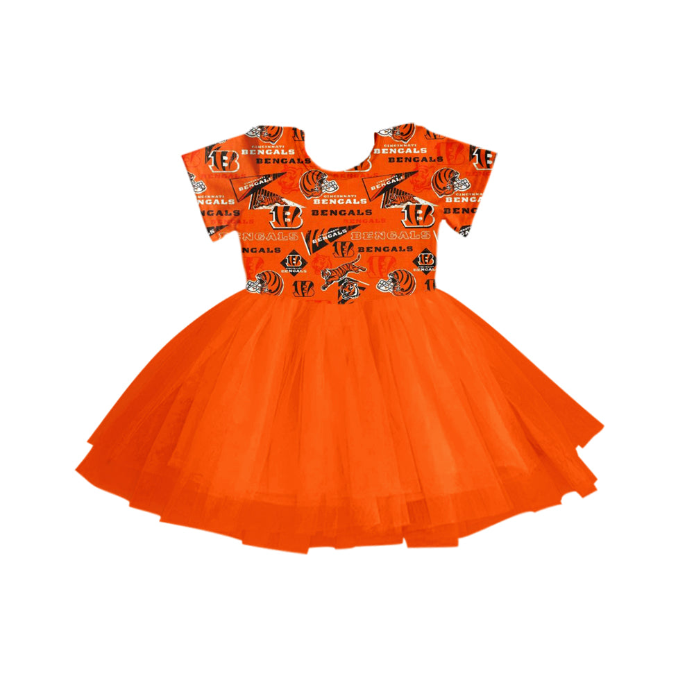 (Custom Design Preorder MOQ 5) Team's BENGALS Orange Print Girls Knee Length Tulle Dress