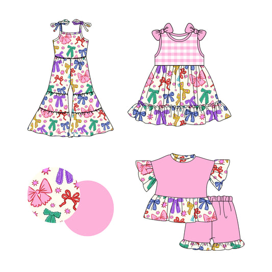 2.24(Custom Design Preorder MOQ 5 Each Design)  Colorful Bows Print Girls Summer Matching Clothes Sisters Wear