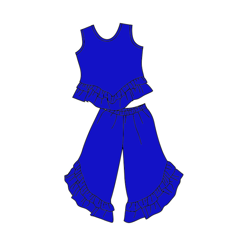 (Custom Design Preorder MOQ 5) Blue Sleeveless Top Ruffles Pants Girls Clothes Set