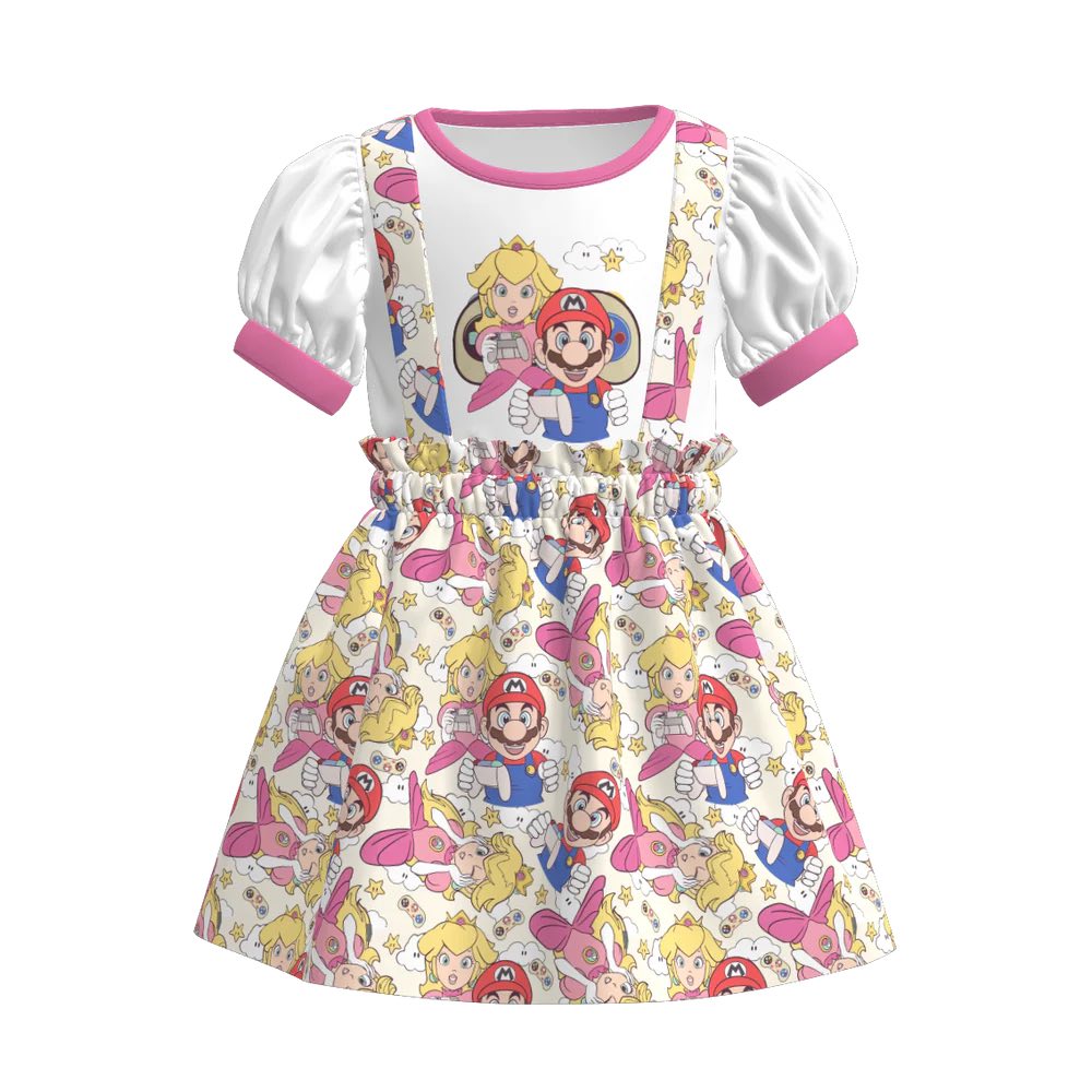 (Custom Design Preorder MOQ 5) Cartoon Games Princess Top Suspender Skirts Girls Summer Clothes Set