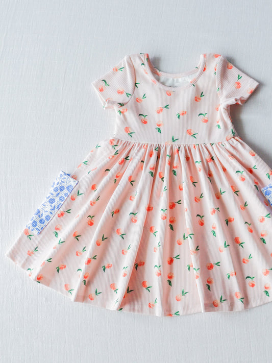 (Custom Design Preorder MOQ 5) NO.11 Peach Print Pockets Girls Knee Length Summer Dress