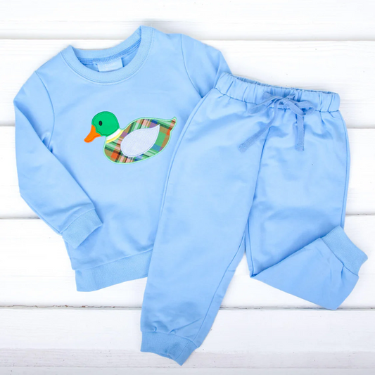 (Custom Design Preorder MOQ 5) Duck Blue Print Boys Fall Clothes Set