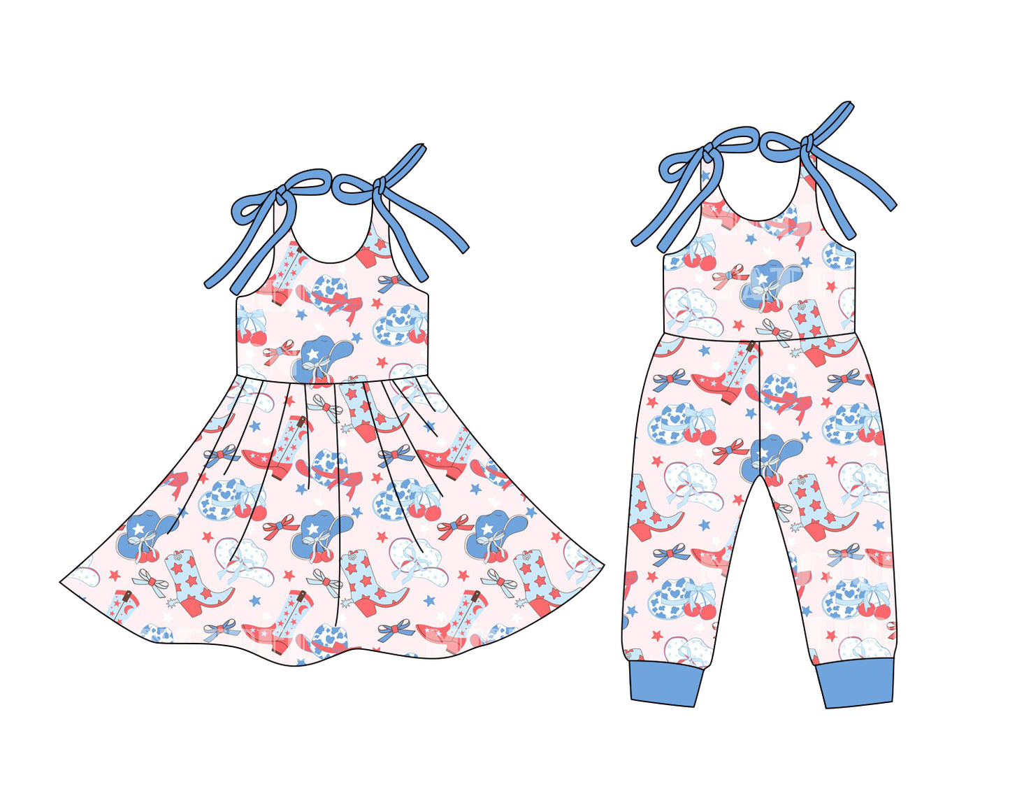 12.24 (Custom Design Preorder MOQ 5 Each Design) Hat Boots Bows Cherry Stars Print Girls 4th of July Matching Clothes Sisters Wear