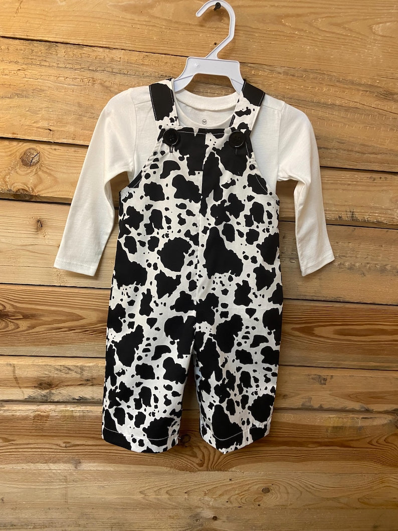 (Custom Design Preorder MOQ 5) White Top Black Cowhide Jumpsuits Kids Clothes Set
