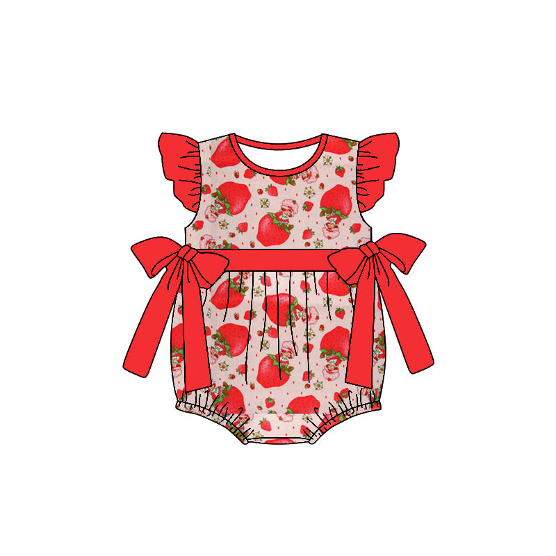 (Custom Design Preorder MOQ 5) Strawberry Flowers Print Baby Girls Summer Romper