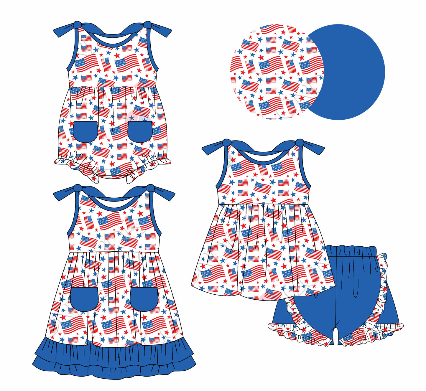 1.6(Custom Design Preorder MOQ 5 Each Design) Flag Print Pockets Girls 4th of July Matching Clothes Sisters Wear