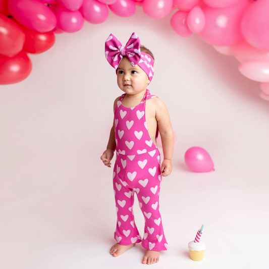 (Custom Design Preorder MOQ 5) Hot Pink Heart Print Girls Valentine's Jumpsuit