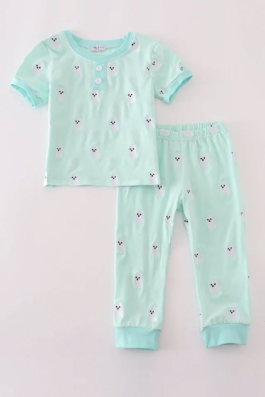 (Custom Design Preorder MOQ 5) Spooky Blue Print Boys Halloween Pajamas Clothes Set