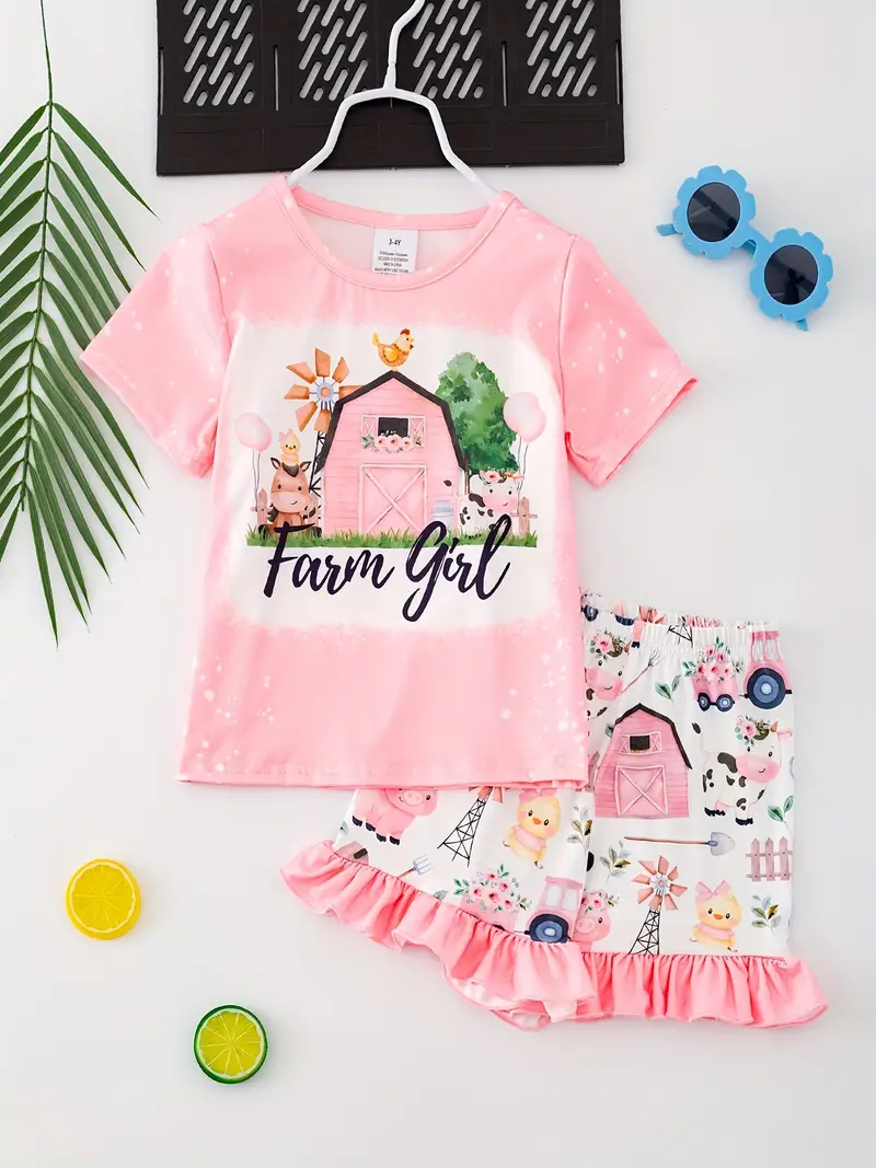 (Custom Design Preorder MOQ 5)  Farm Girls Pink Print Girls Summer Clothes Set