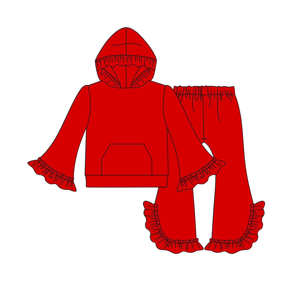 (Custom Design Preorder MOQ 5)  Red Color Girls Hoodie Ruffles Fall Clothes Set