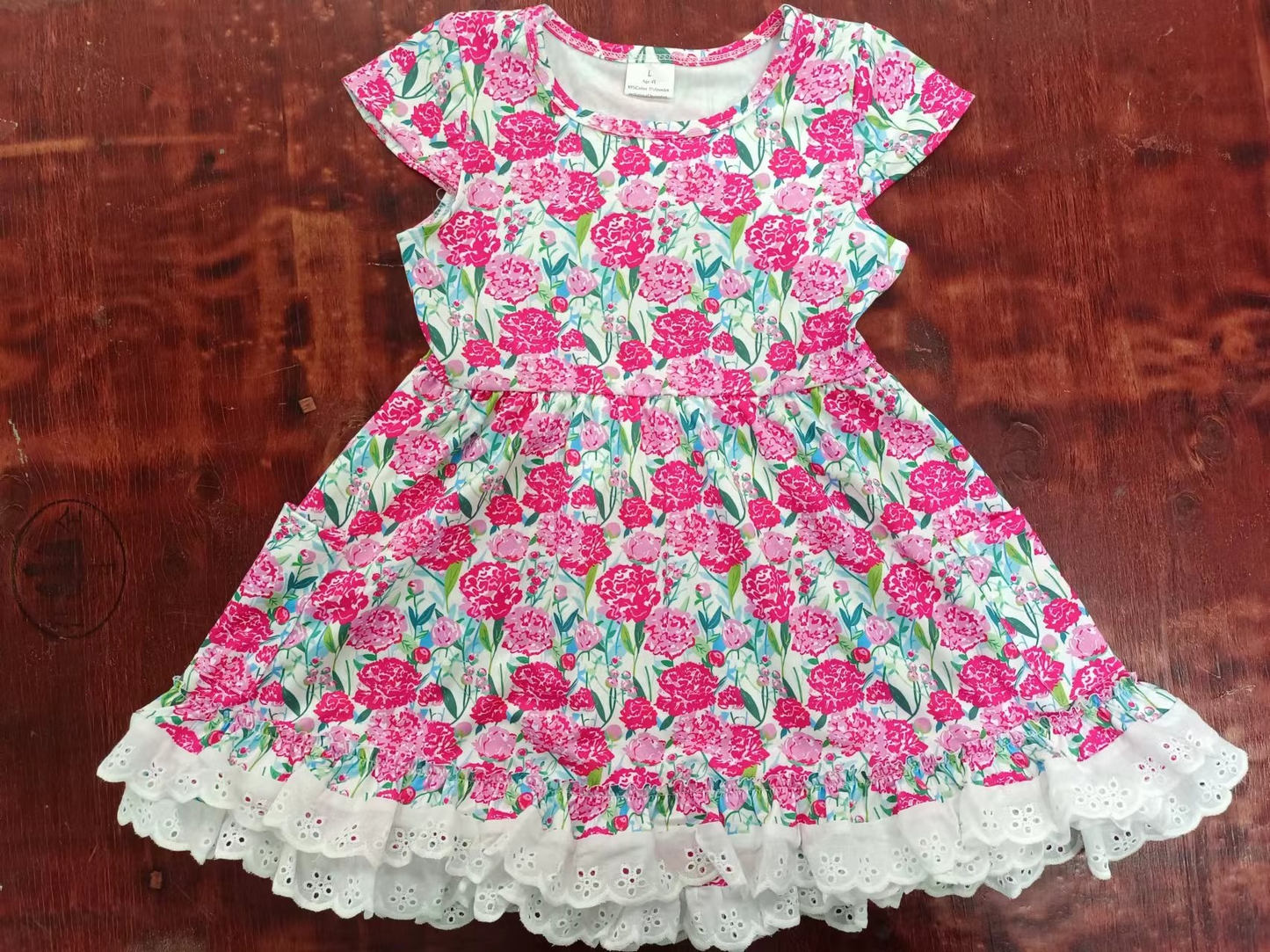 (Custom Design Preorder MOQ 5) Hotpink Flowers Print Girls Knee Length Summer Dress