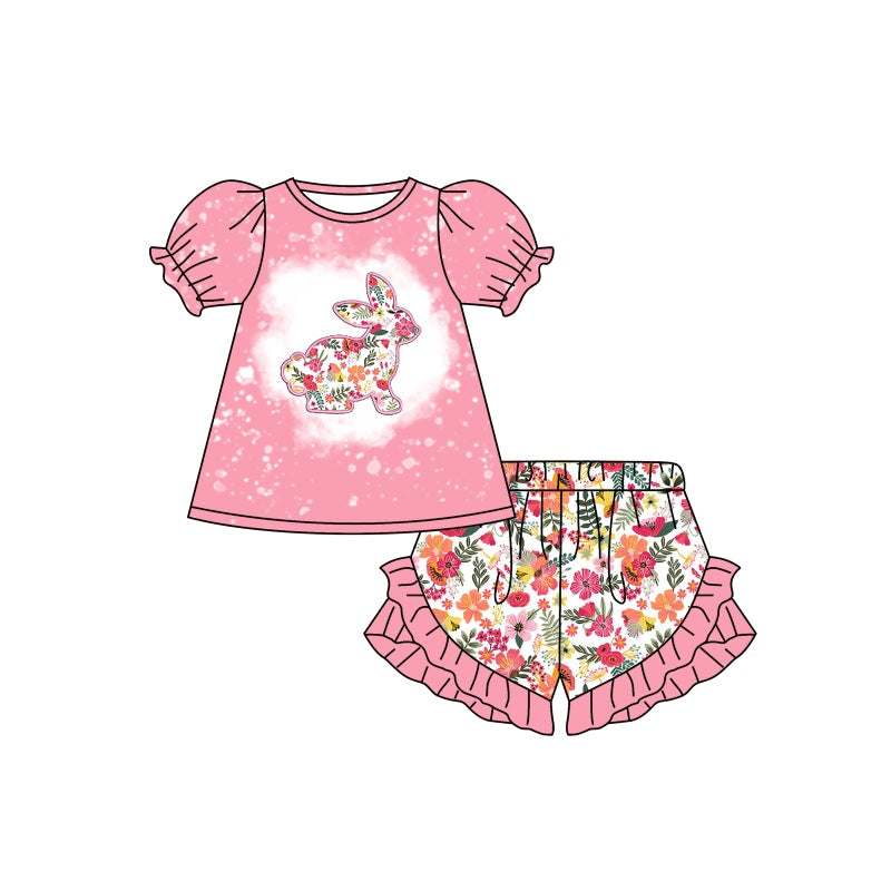 (Custom Design Preorder MOQ 5) Pink Flowers Bunny Shorts Girls Easter Clothes Set