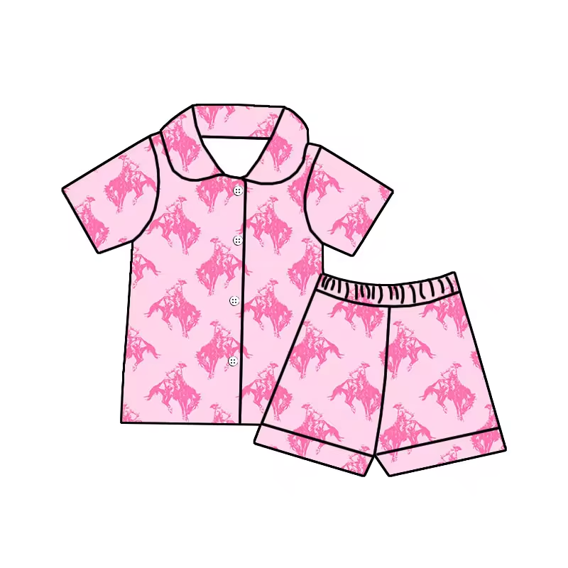 (Custom Design Preorder MOQ 5)  Pink Rodeo Print Girls Summer Pajamas Western Clothes Set