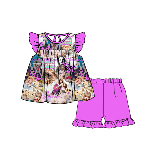 (Custom Design Preorder MOQ 5) Singer Swiftie Top Hot Pink Shorts Girls Summer Clothes Set