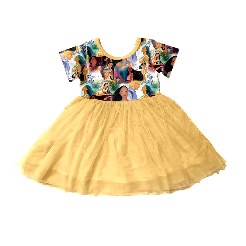 (Custom Design Preorder MOQ 5)  Cartoon Princess Flowers Print Girls Knee Length Summer Yellow Tulle Dress