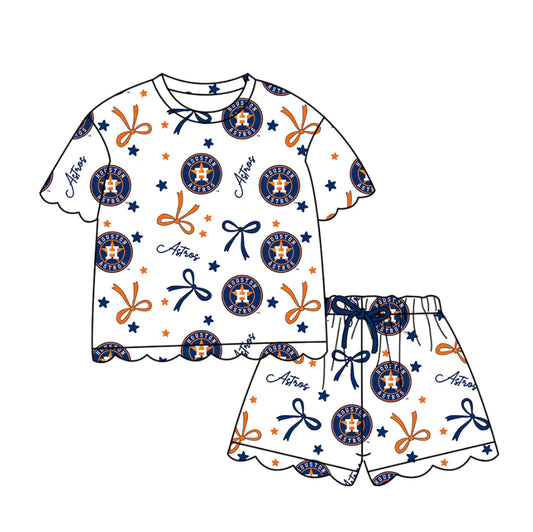 (Custom Design Preorder MOQ 5) Teams Houston Astros Bows Print Girls Summer Clothes Set
