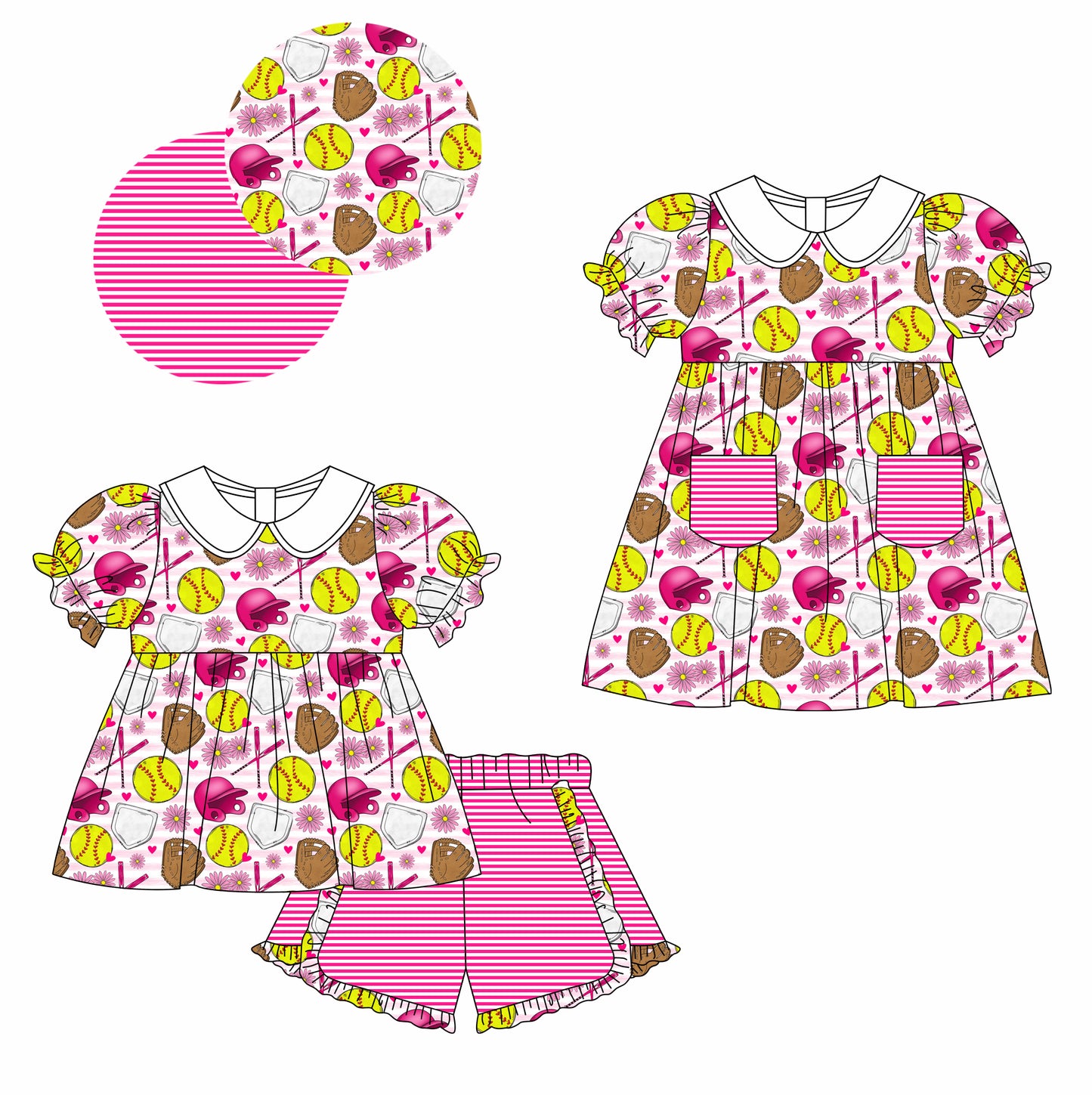 11.7(Custom Design Preorder MOQ 5 Each Design) Softball Flowers Print Girls Summer Matching Clothes Set Sisters Wear