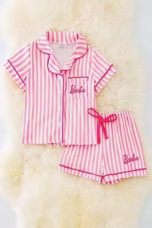 (Custom Design Preorder MOQ 5) Pink BA Stripes Print Girls Summer Pajamas Clothes Set