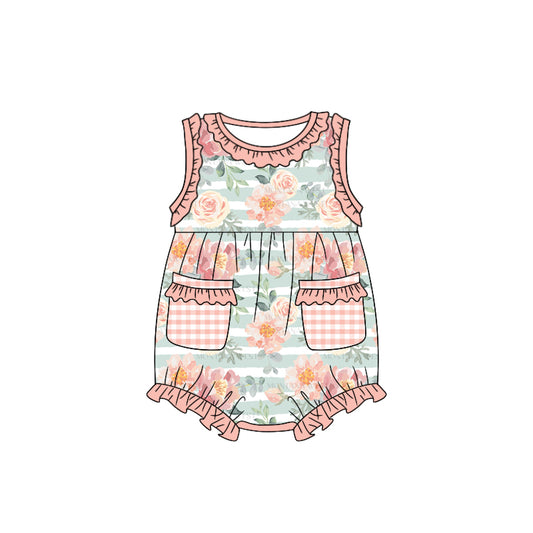 (Custom Design Preorder MOQ 5) Pink Flowers Print Pockets Baby Girls Summer Romper
