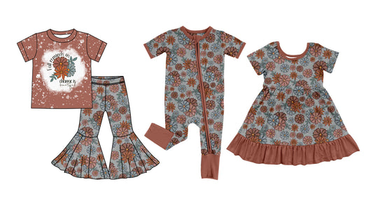 5.5(Custom Design Preorder MOQ 5 Each Design) Flowers Print Girls Fall Matching Clothes Sisters Wear