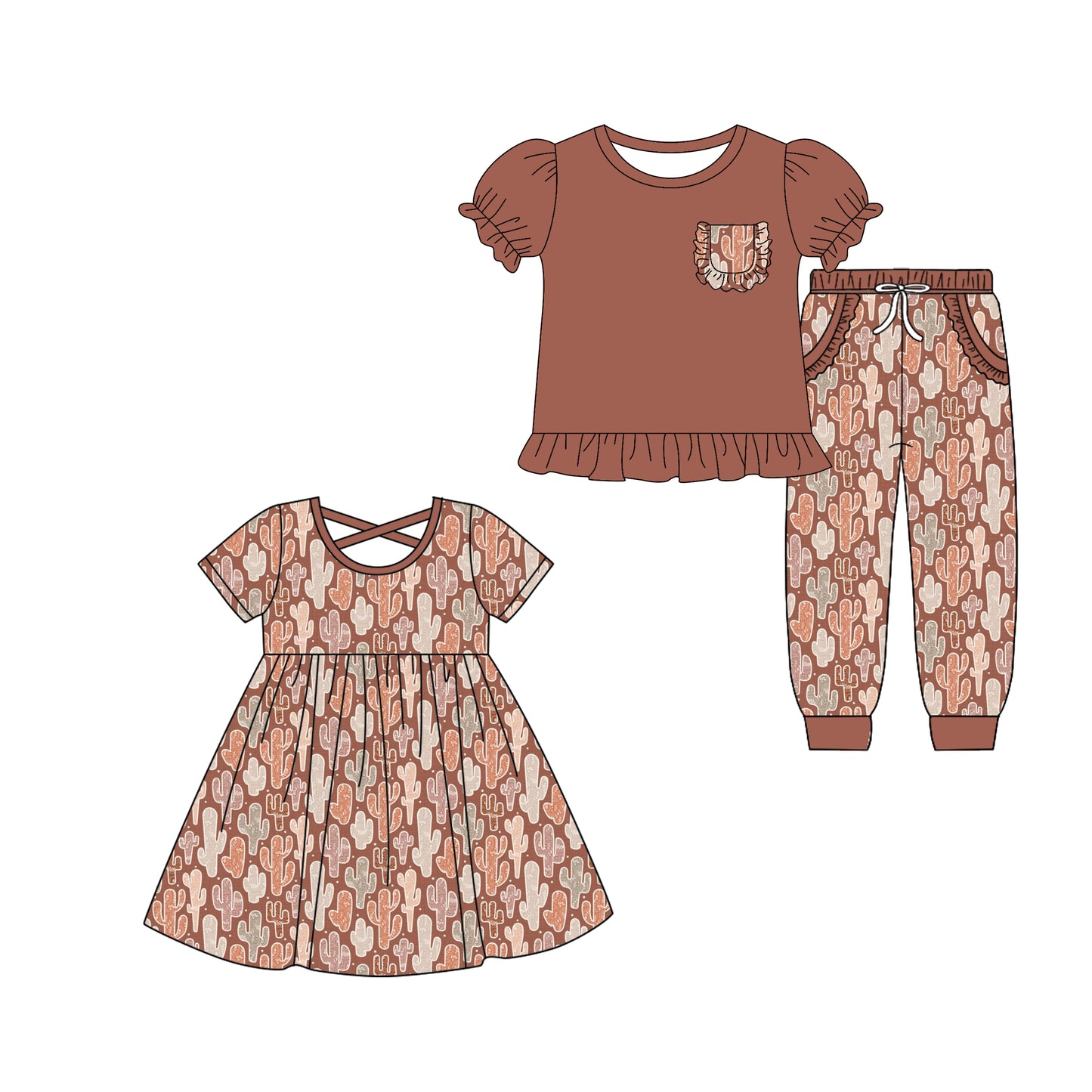 5.5(Custom Design Preorder MOQ 5 Each Design) Cactus Brown Print Girls Western Matching Clothes Sisters Wear