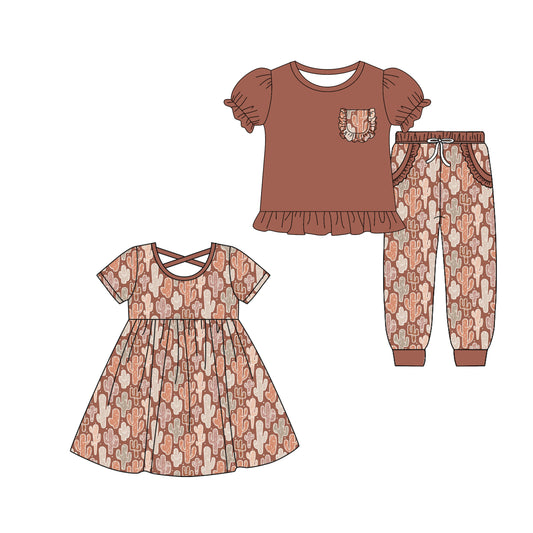 5.5(Custom Design Preorder MOQ 5 Each Design) Cactus Brown Print Girls Western Matching Clothes Sisters Wear