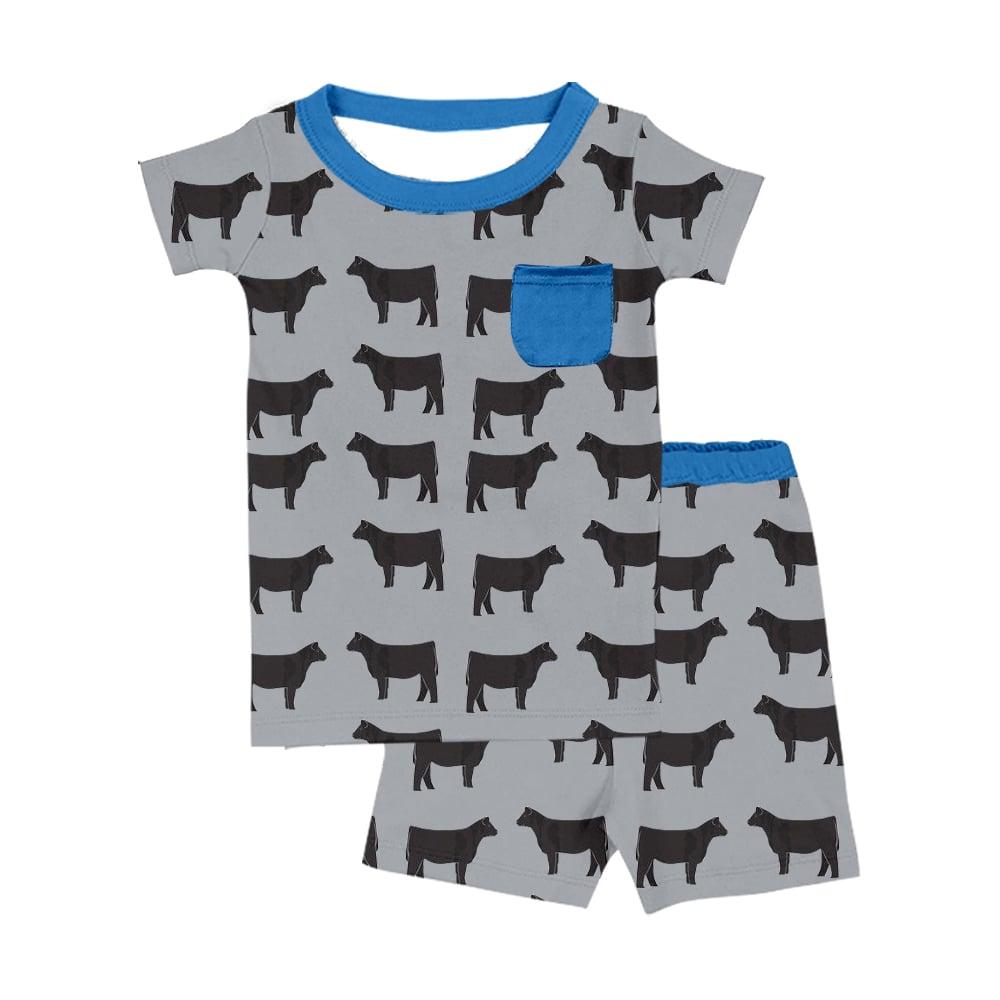 (Custom Design Preorder MOQ 5) Cow Grey Print Boys Summer Pajamas Clothes Set