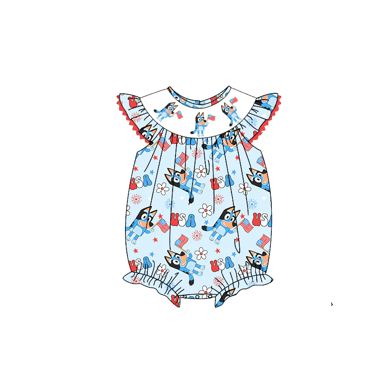 (Custom Design Preorder MOQ 5) Cartoon Dog Flag Print Baby Girls 4th of July Romper