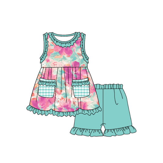 (Custom Design Preorder MOQ 5) Green Flowers Print Pockets Top Ruffle Shorts Girls Summer Clothes Set