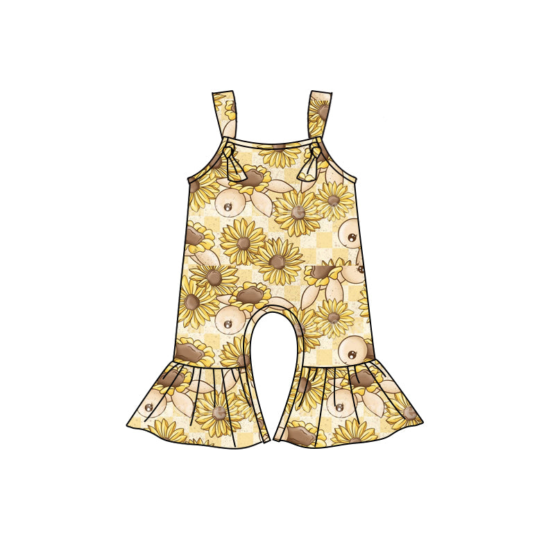 (Custom Design Preorder MOQ 5) Sunflowers Print Girls Summer Strap Jumpsuits