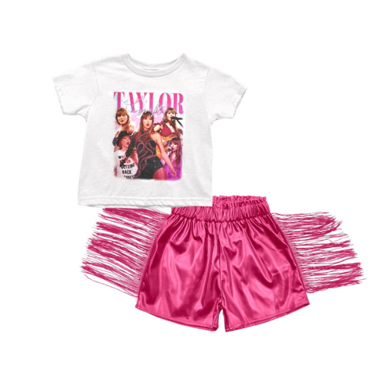 (Custom Design Preorder MOQ 5) Singer Swiftie Top Hot Pink Tassels Leather Shorts Girls Summer Clothes Set