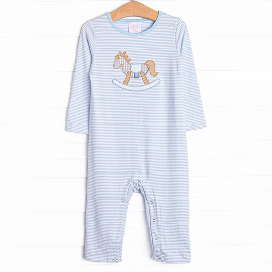 (Custom Design Preorder MOQ 5) Trojan Horse Blue Stripes Print Baby Boys Fall Romper