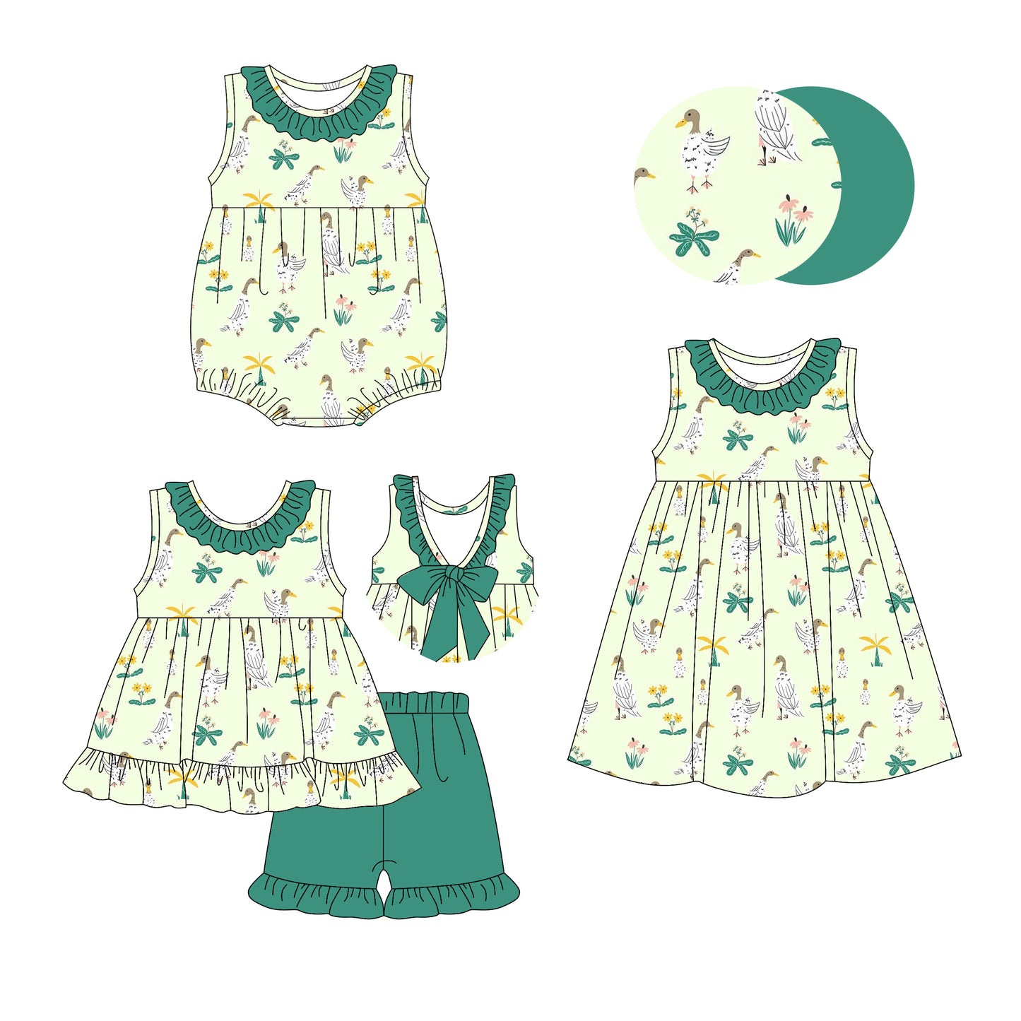 3.7(Custom Design Preorder MOQ 5 Each Design) Duck Flowers Print Girls Summer Matching Clothes Sisters Wear