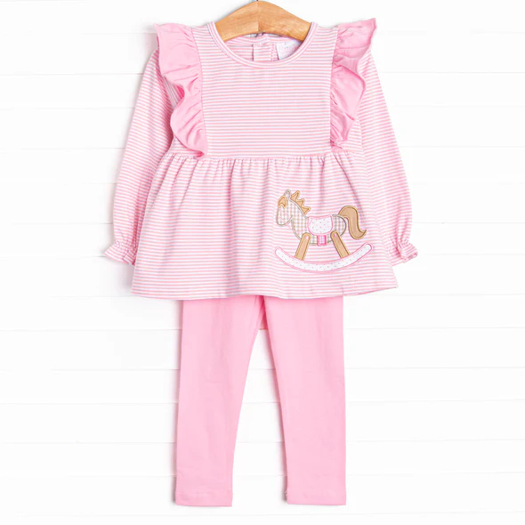 (Custom Design Preorder MOQ 5) Trojan Horse Pink Stripes Tunic Top Legging Pants Girls Fall Clothes Set