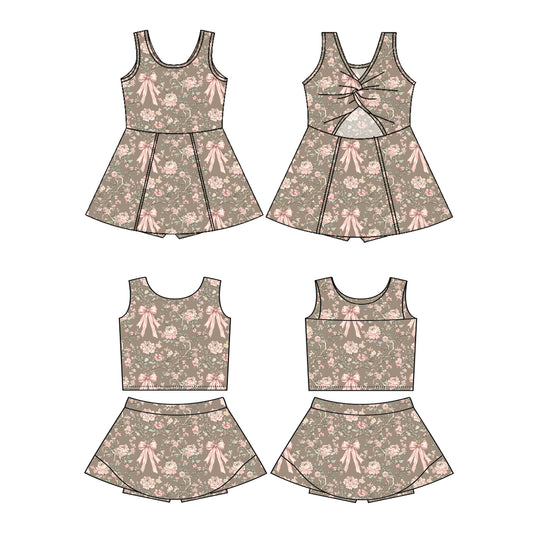 2.22(Custom Design Preorder MOQ 5 Each Design) Flowers Bows Print Girls Summer Matching Clothes Sisters Wear