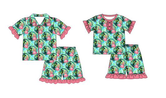 1.8(Custom Design Preorder MOQ 5 Each Design) Cartoon Princess Print Girls Summer Pajamas Matching Clothes Sisters Wear