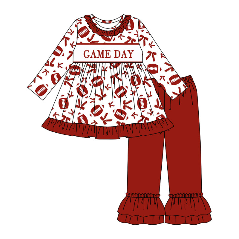 (Custom Design Preorder MOQ 5 Each Design) Game Day Cheer Bows Red Print Girls Matching Clothes Sisters Wear