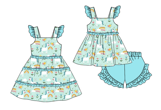11.9(Custom Design Preorder MOQ 5 Each Design) Unicorn Flowers Rainbow Print Girls Summer Matching Clothes Set Sisters Wear